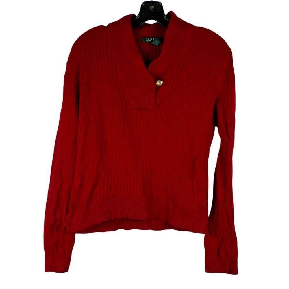 Lauren Ralph Lauren Red Ribbed Sweater Shawl Collar Gold Button Medium